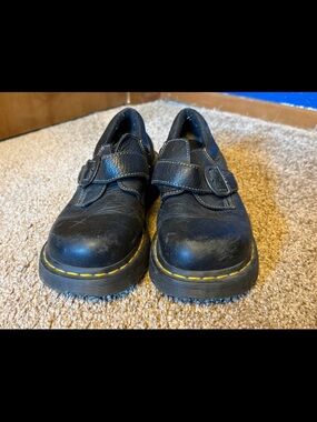 Dr. Martens Black Leather Mary Jane Shoes with Yellow Stitching